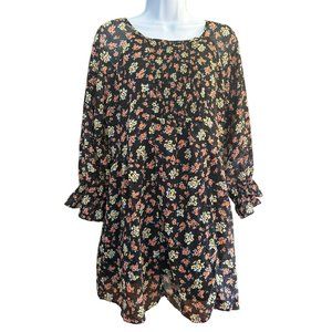 Free People Women's Black Floral Smocked Mini Dress Size 12 Long Sleeve